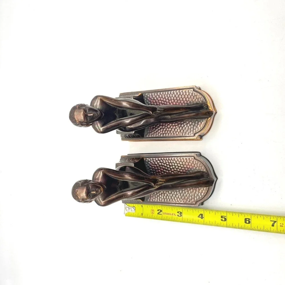 Vintage Art Deco Bronze Tone Clad Seated Nude Female Bookends Japan Pair Patina